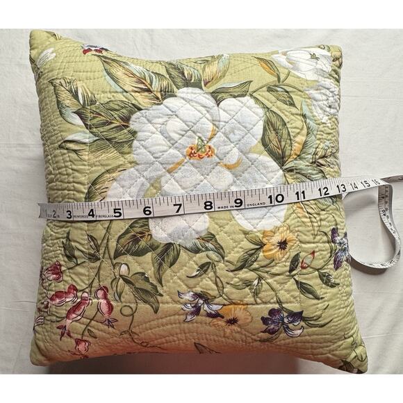 Decorative Pillow Quilted Magnolia Print Sage Green Ivory Red 14” Square. - Picture 4 of 5